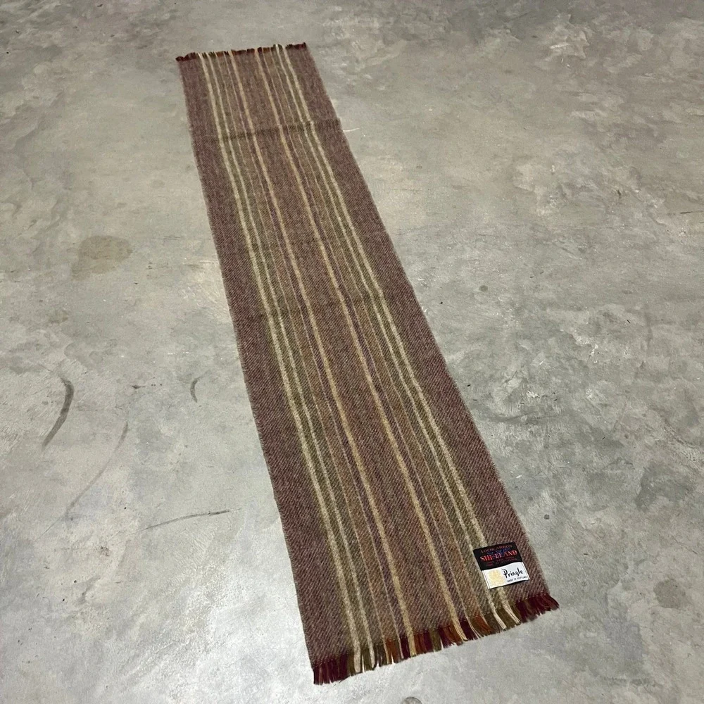 Vintage Pringle of Scotland Lochcarron Shetland Wool Scarf Striped Brown